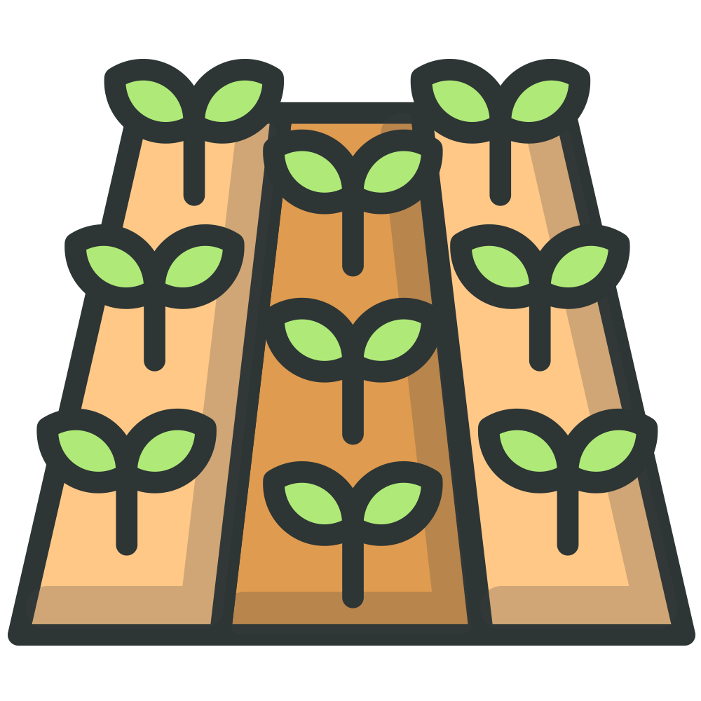 Illustration of a farm with rows of young plants, symbolizing agriculture and crop cultivation.